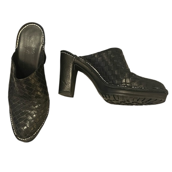 Donald Pliner Black Woven Leather Busy Heeled Platform Mule Clog Bootie Shoes - Picture 3 of 16